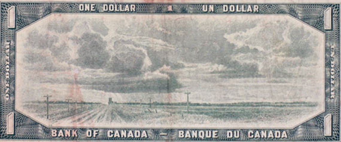 Old Canadian One Dollar Bill depicting Bluesky Alberta on back